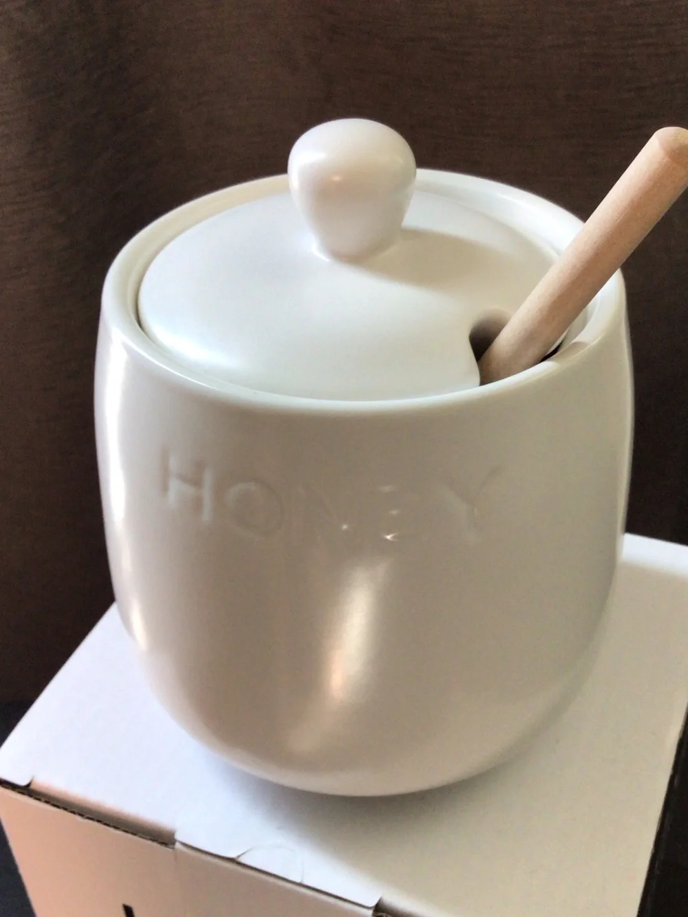 White Ceramic Honey Pot with Wooden Dipper - Classic Kitchen Accessory